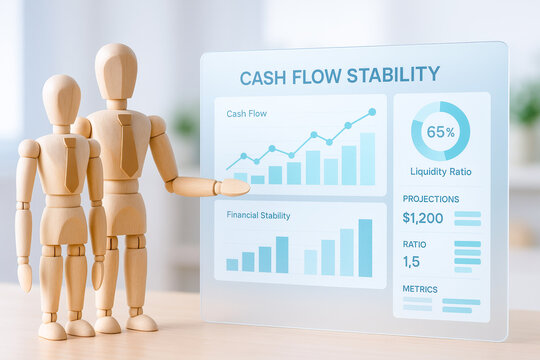 Digital display showing financial data and growth charts with wooden mannequins pointing it, emphasizing management and wealth development