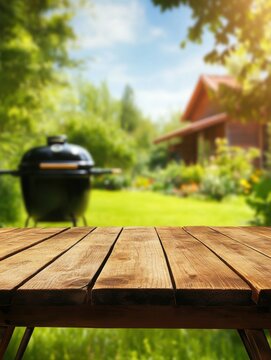 Rustic wooden table surface with blurred outdoor barbecue grill and cabin in sunny garden setting, summer picnic background