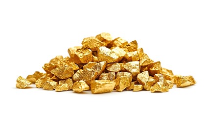 A pile of raw gold nuggets sits isolated on a white background providing ample copy space ideal for illustrating articles about gold devaluation and precious metal market