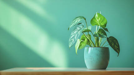 Green Indoor Plant in Modern Pot on Table Against Aqua Background