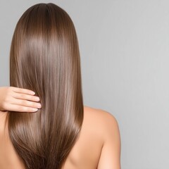 Fototapeta premium Brown straight haired woman running her hands through her hair, grey background, close up view of female hands and long shiny, smooth hair.