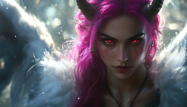 Fierce female figure with pink hair