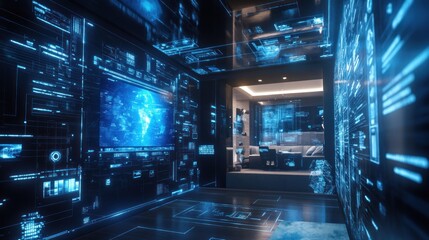 Futuristic, interactive interior with holographic displays