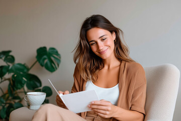 Smiling woman sitting in armchair reading card or letter, holding paper in cozy interior with green plant and cup of coffee