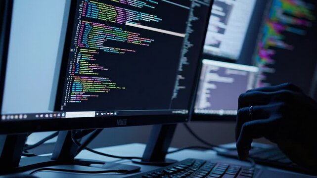 Concentrated programmer typing complex code on multiple illuminated monitors within dimly lit workspace, highlighting professional software development expertise