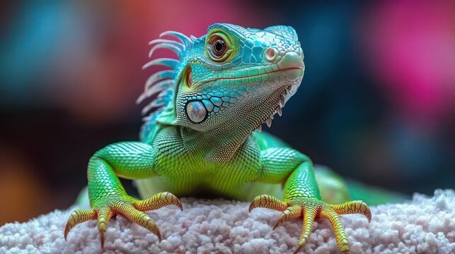 Baby iguana with bright green skin rests on soft, neutral surface highlighting its vibrant scales.