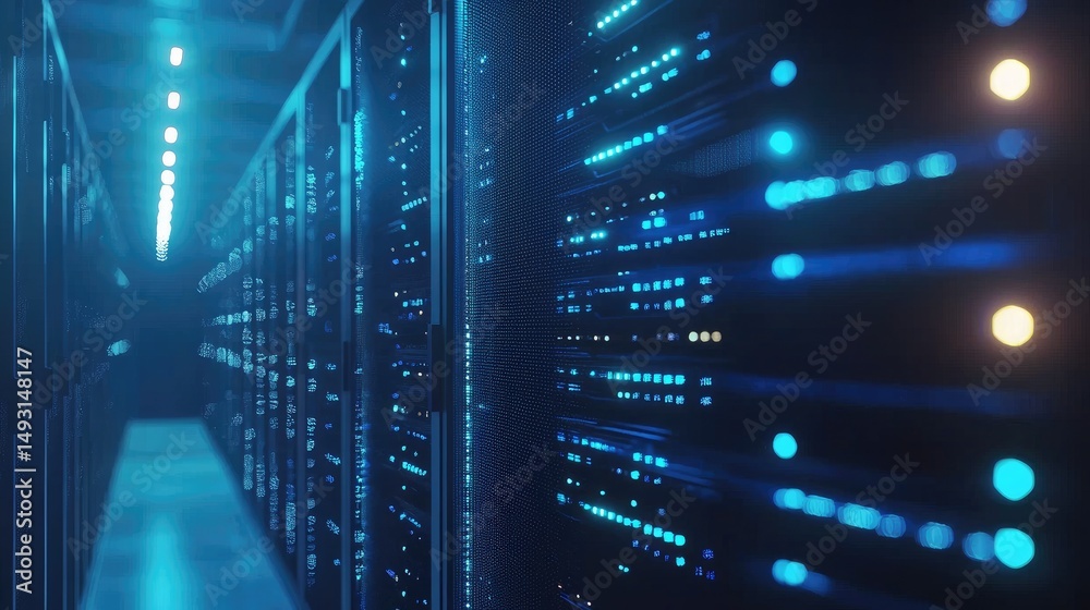 Poster Futuristic 3D render of a glowing blue data server corridor with detailed hardware lights, perfect for illustrating cloud computing, IT infrastructure, and network security