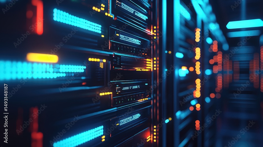 Poster Close-up 3D render of glowing server racks with vibrant blue and orange indicator lights in a futuristic data center, ideal for cloud infrastructure and cybersecurity visuals