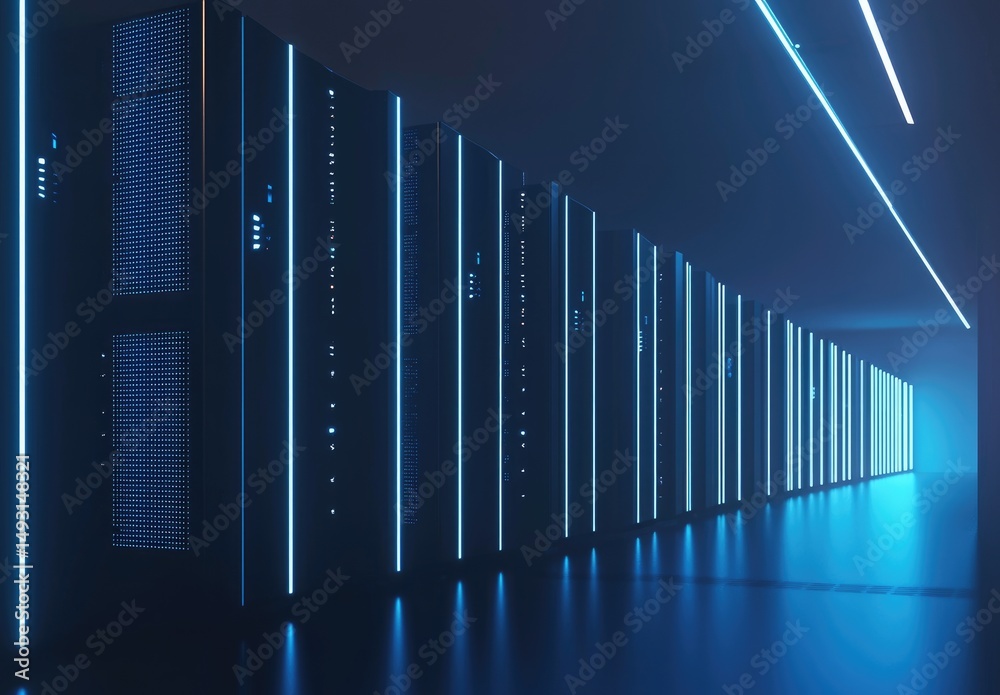 Poster Futuristic 3D render of a high-tech server room with glowing blue LED lights and symmetrical rows of data racks, ideal for technology, cloud computing, and cybersecurity themes