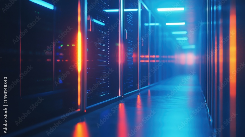 Poster High-resolution 3D render of a futuristic data center corridor with glowing blue and orange server racks, ideal for tech, cloud, AI, and cybersecurity presentations or articles