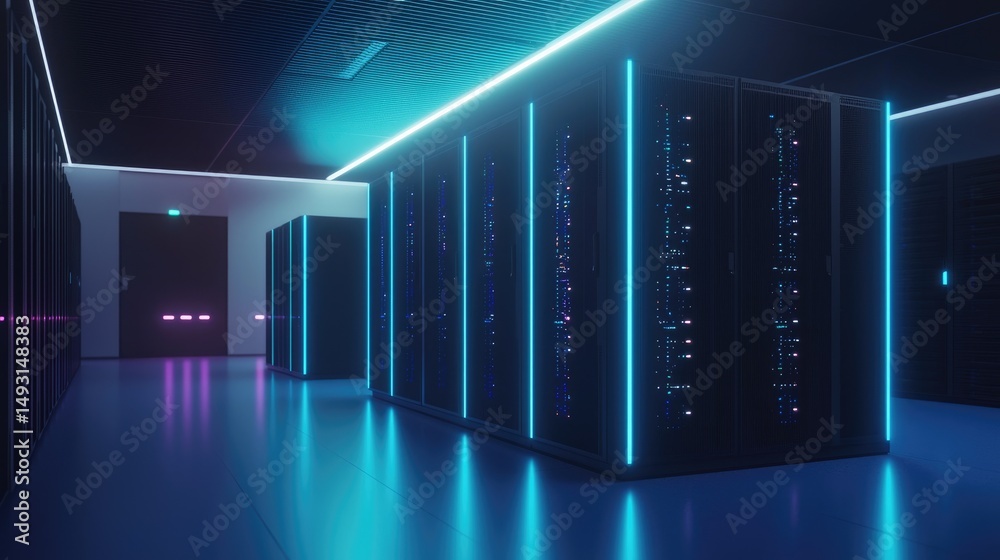 Aufkleber Modern 3D render of a sleek data center with glowing blue and violet-lit server racks in a high-tech room, ideal for cloud computing, security, and futuristic tech visuals