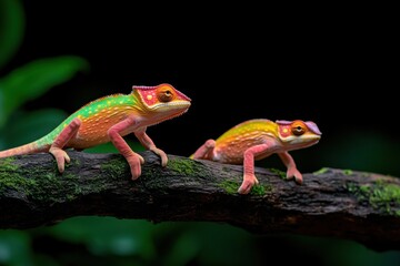 Naklejka premium Colorful chameleons resting on a branch in a lush tropical rainforest during daylight hours