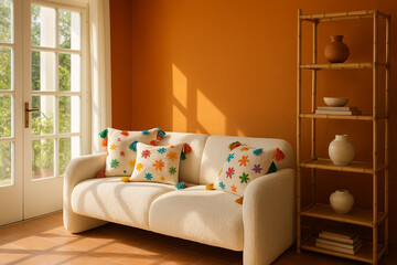 A comfortable modern living room interior features a sofa, table, and lamp, showcasing luxury home decor