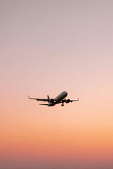 Obraz premium solitary airplane soaring through sky at sunset bathed in soft warm light