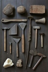 Stone Carving Tools Still Life Overhead Shot on Dark Wood Surface Hammers Chisels Mallet Rocks and Raw Stone