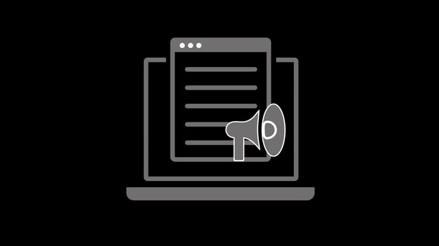Animated monochrome icon representing content marketing. Ideal for web design, infographics, presentations, and digital strategy visuals. Clean and minimal motion graphics style for creative media nee