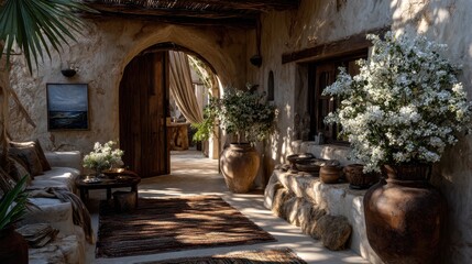 Charming garden entrance, rustic archway leading to lush greenery, inviting ambiance with planters and warm sunlight.
