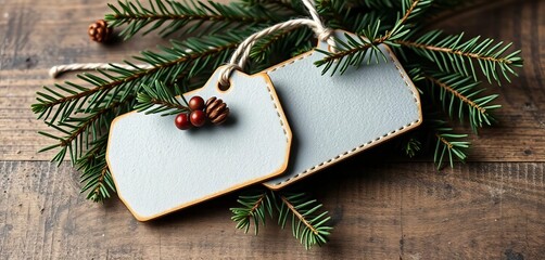 Obraz premium Two rustic grey gift tags adorned with fir branches, ideal for Christmas or winter holidays, craft, template