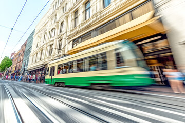 Naklejka premium Fast moving tram through city street urban transportation