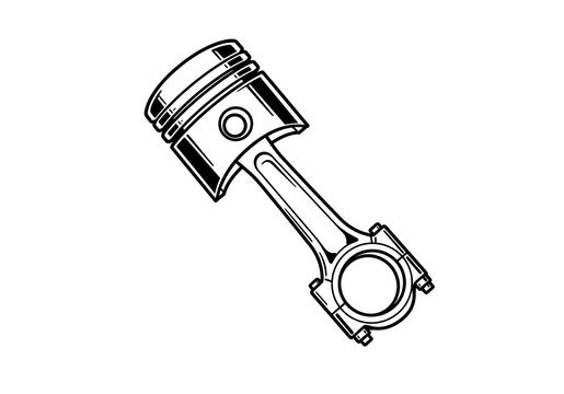 Illustration of a piston with connecting rod in black and white on a white background
