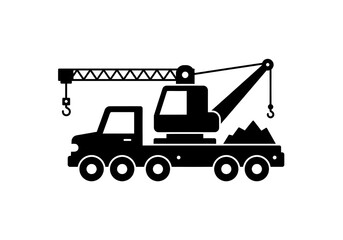 Naklejka premium A black silhouette of a crane truck with a load of material on a white background design element