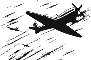 Vintage airplanes flying in formation monochrome graphic design warbirds in flight aviation history world war two aircraft retro style