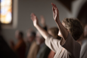 serene church interior filled with diverse people engaged in worship hands raised in prayer