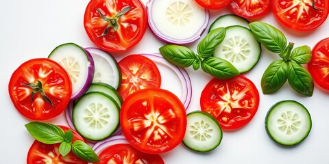 Vibrant flat lay of tomato, onion, cucumber & basil slices  White background,   background,   summer