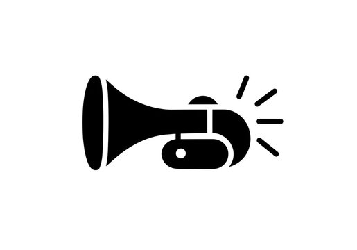 A simple black and white graphic illustration of a vintage bicycle horn with radiating lines