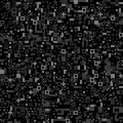 Black background and a scattered pattern of small, irregularly shaped gray pixels, creating a digital noise or pixelation effect. The pixels vary in size and brightness, giving the image a textured
