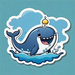 Obraz premium Cute cartoon whale swimming joyfully in a bright blue ocean with bubbles and clouds during a sunny day