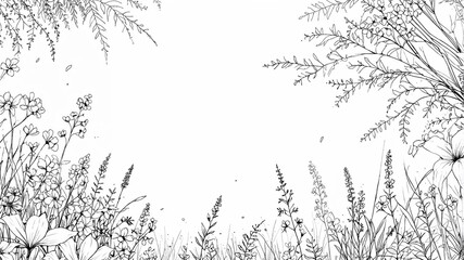 Beautiful background of black and white flowers, ideal for minimalistic flower businesses, florists, wallpapers or even coloring books.