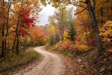 Winding Dirt Path Through Vibrant Autumn Forest