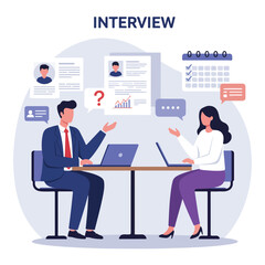 An illustration shows a job interview setting with an interviewer and candidate sitting at a table with laptops, surrounded by relevant documents and communication bubbles.
