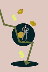 Banner 3d pop photo collage of inexperienced businesswoman businessman stand arrow decline dollar...