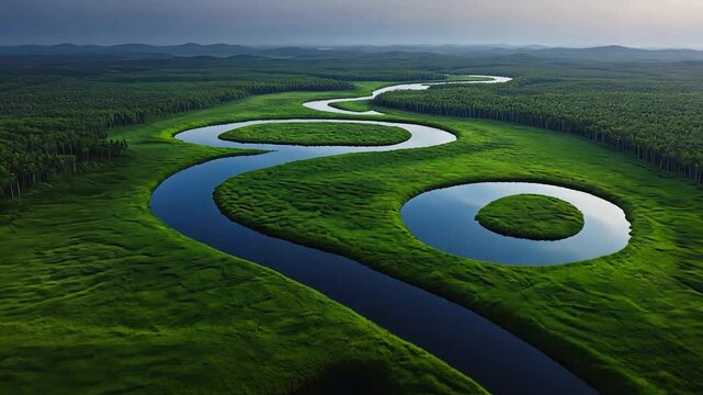 Winding river through lush green forest.