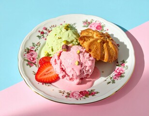 Indulge in a delightful display of pink and green ice cream scoops alongside a golden pastry.