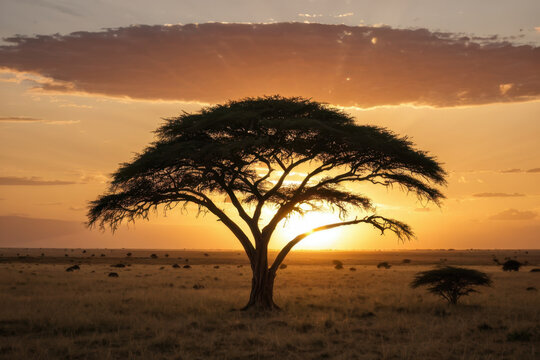 A single tree stands alone in a field at sunset