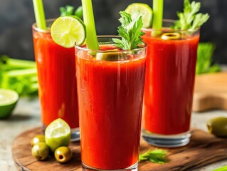 Three Bloody Mary Cocktails Garnished with Celery Lime and Olives on a Wooden Board Ready to Drink Close Up