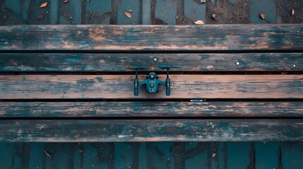 A drone controller placed in full view on a wooden bench
