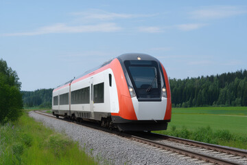 Fototapeta premium sleek train gliding through lush green field under clear blue sky