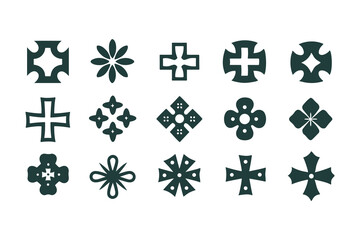Abstract Postmodern Geometric Elements, Stylized Cross Icons, Brutalist Vector Shapes, Y2K Aesthetic, Primitive Retro Sticker Set Vector Illustration.