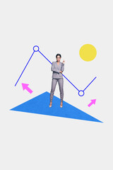 Trendy vertical image photo art collage of happy businesswoman businessman receive arrow progress statistics career promotion