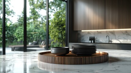 Modern kitchen with patio view. Dark cabinetry, marble counters, and black dishes sit on a wooden tray
