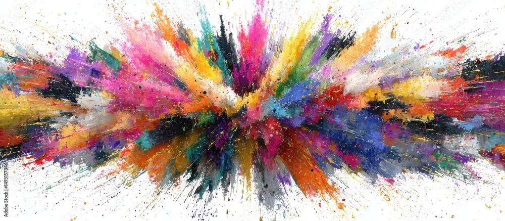 Poster explosion of vibrant colors against white backdrop, showcasing creativity and artistic expression fo