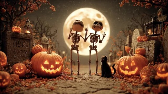 Dancing skeletons celebrating Halloween under full moon in spooky graveyard with pumpkins