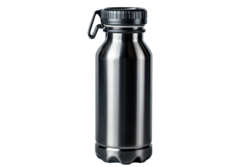 A sleek brushed metal water bottle radiating modernity against a deep minimalist background on transparent background