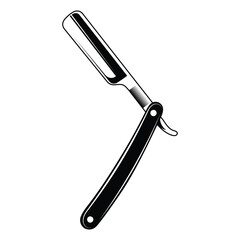 This is a high-contrast black and white vector illustration of a traditional straight razor, also known as a cut-throat razor. 