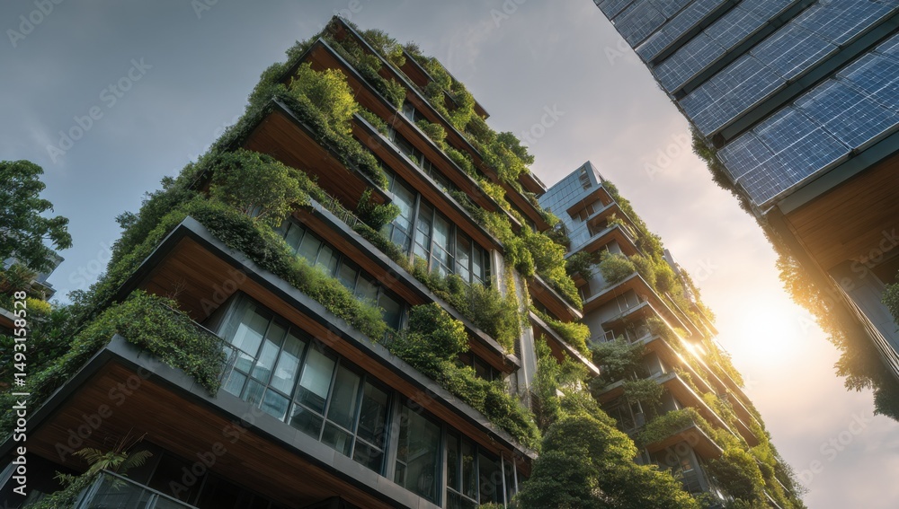 Aufkleber modern green building with solar panels and plants, showcasing sustainable architecture and eco-frie