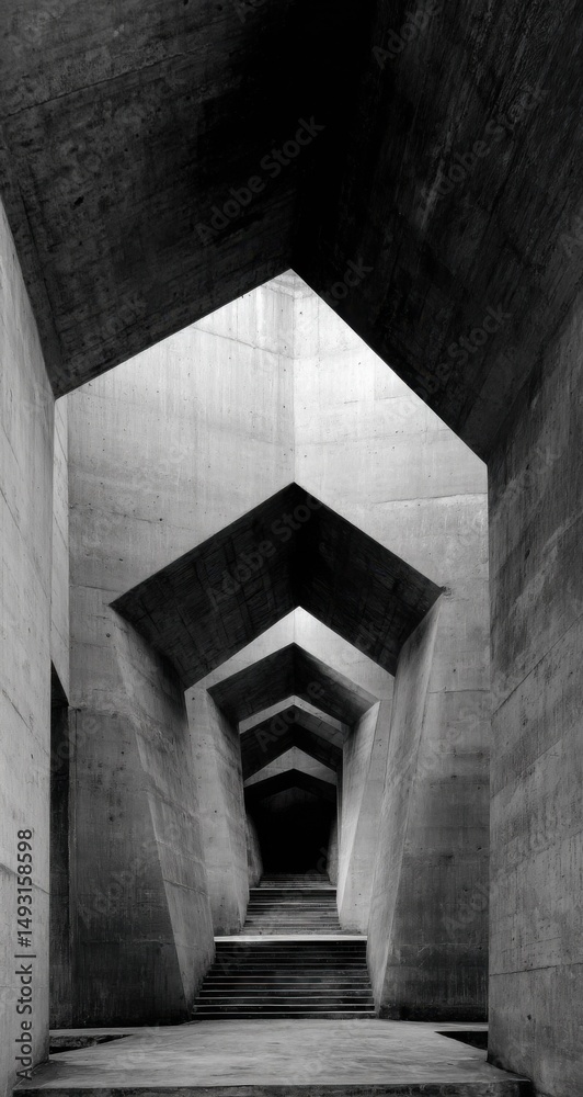 Poster brutalist concrete architecture featuring geometric shapes and staircase, representing modern design